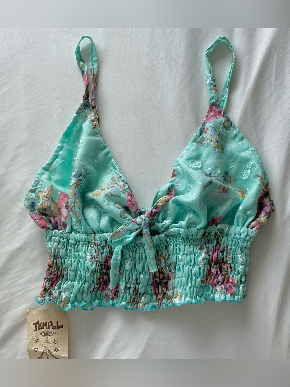 Aqua teal turquoise blue green mint Floral eyelet Crop Cami bralette top cotton